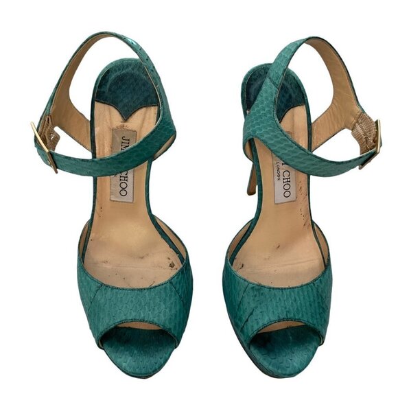 Jimmy Choo Linda Leather Green Python Snake Platform Sandals Ankle Strap 38 (8) - Picture 3 of 12